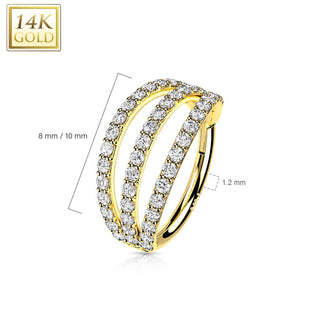 Złoto 585 kółko trójwymiarowe 3 rzędy cyrkonii clicker