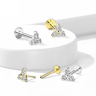 Złoto 585 labret trójkąt z cyrkoniami push-in