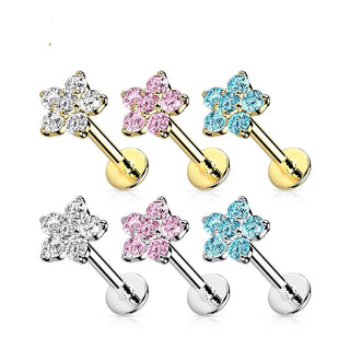 Złoto 585 labret kwiatek z cyrkoniami push-in