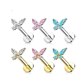 Złoto 585 labret motylek cyrkonia push-in