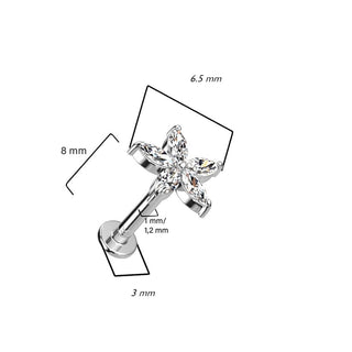 Złoto 585 labret kwiatek cyrkonia push-in
