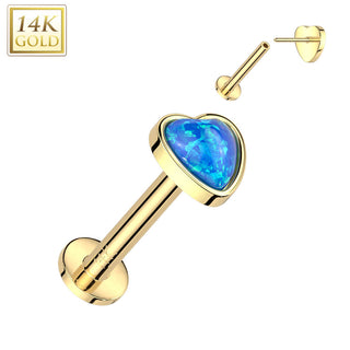 Złoto 585 labret serce opal push-in