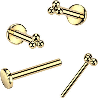 Złoto 585 labret kolczyk do nosa 3 małe kulki push-in