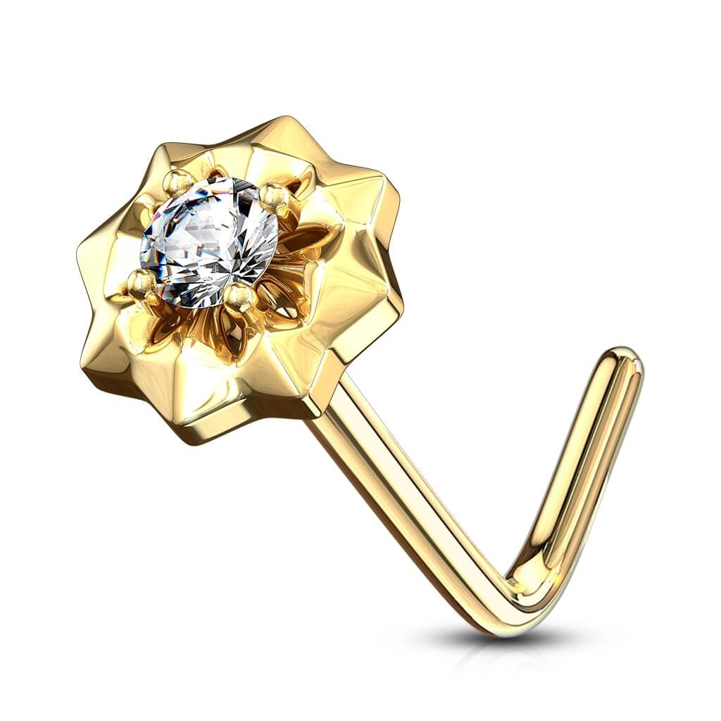 Złoto 585 kolczyk do nosa w kształcie litery l gwiazdka cyrkonia
