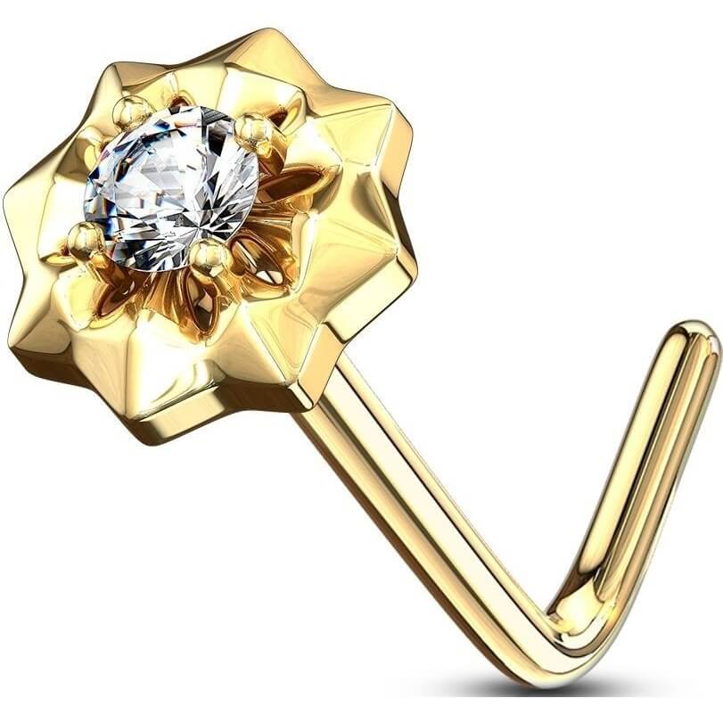 Złoto 585 kolczyk do nosa w kształcie litery l gwiazdka cyrkonia