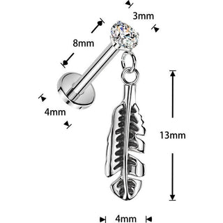 Labret cyrkonia w pazurkach i wiszące piórko push-in