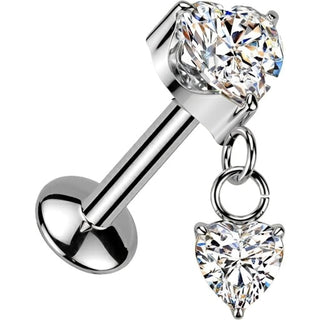 Tytan labret dwa serduszka cyrkonia push-in