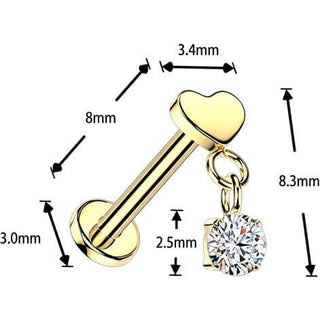 Tytan labret płaskie serce z wiszącą okrągłą cyrkonią push-in