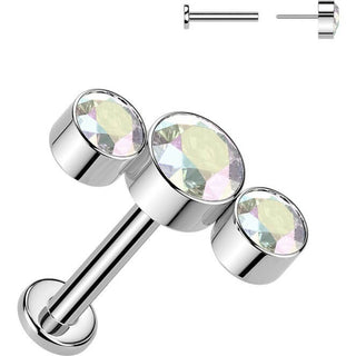Tytan labret 3 okrągłe cyrkonie w oprawie bezel łuk push-in