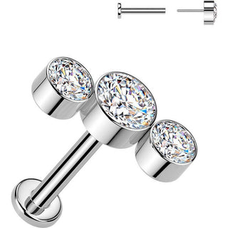 Tytan labret 3 okrągłe cyrkonie w oprawie bezel łuk push-in