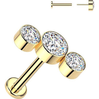 Tytan labret 3 okrągłe cyrkonie w oprawie bezel łuk push-in