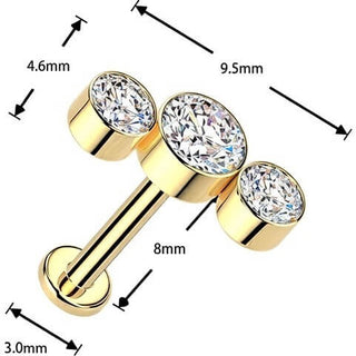 Tytan labret 3 okrągłe cyrkonie w oprawie bezel łuk push-in