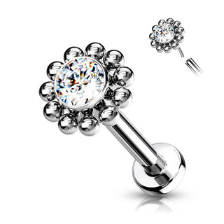 Tytan labret kwiatek cyrkonia srebrny push-in
