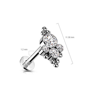 Tytan labret 4 cyrkonie srebrny push-in