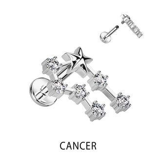 Labret znak zodiaku cyrkonia srebrny gwint wewnętrzny