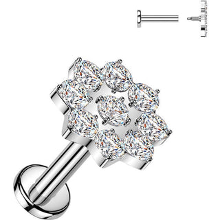 Labret kwiatek z 9 cyrkoniami gwint wewnętrzny