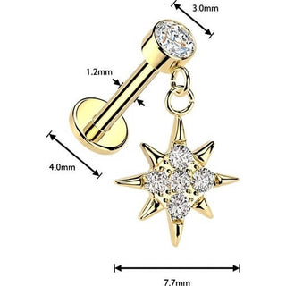 Labret wisior promienna gwiazda pavé cyrkonia oprawa bezel gwint wewnętrzny