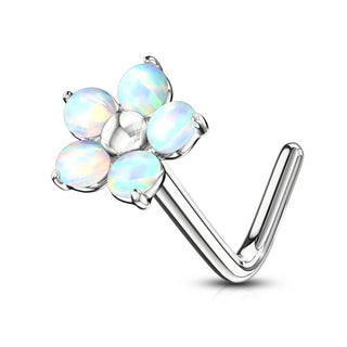 Kolczyk do nosa w kształcie litery l kwiatek opal srebrny