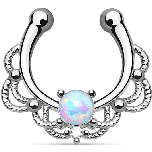 Fake piercing do nosa septum opal okrągły srebrny kolczyk rozginany