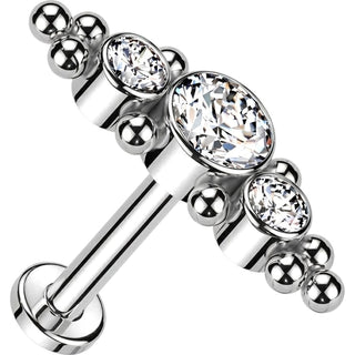 Tytan labret 3 cyrkonie płaski srebrny gwint wewnętrzny