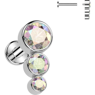 Tytan labret 3 cyrkonie srebrny gwint wewnętrzny