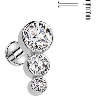 Tytan labret 3 cyrkonie srebrny gwint wewnętrzny