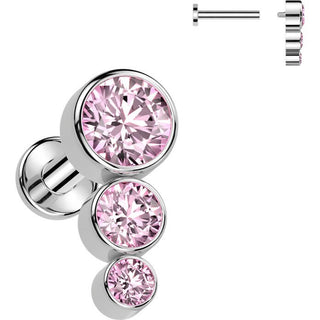 Tytan labret 3 cyrkonie srebrny gwint wewnętrzny