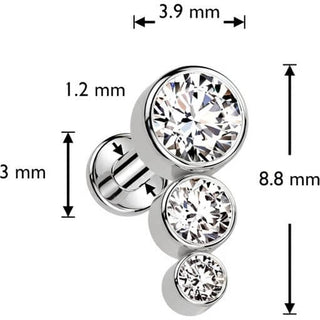 Tytan labret 3 cyrkonie srebrny gwint wewnętrzny