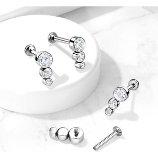 Tytan labret 3 cyrkonie srebrny gwint wewnętrzny