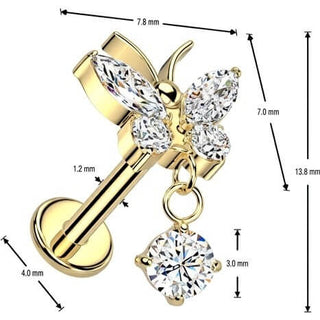 Tytan labret motylek zawieszka cyrkonia gwint wewnętrzny