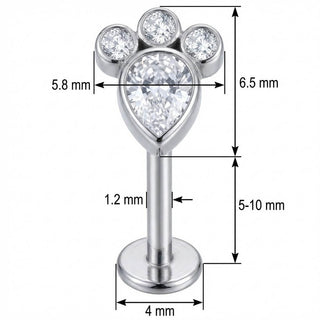 Tytan labret kryształowa łapka zwierzaka gwint wewnętrzny