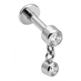 Tytan labret dwa okrągłe kryształki z zawieszką gwint wewnętrzny