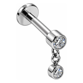 Tytan labret dwa okrągłe kryształki z zawieszką gwint wewnętrzny