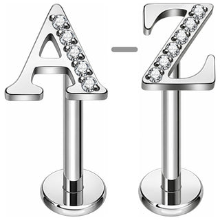 Tytan labret litera z kamieniami gwint wewnętrzny srebrny – A–Z
