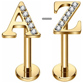 Tytan labret litera z kamieniami gwint wewnętrzny złoty – A–Z